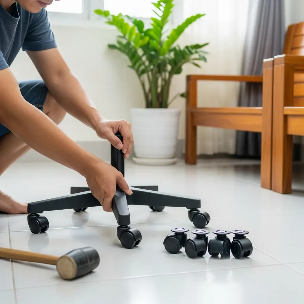 Bàn tay người Việt ấn bánh xe vào chân ghế xoay 5 cánh trên sàn lát gạch.