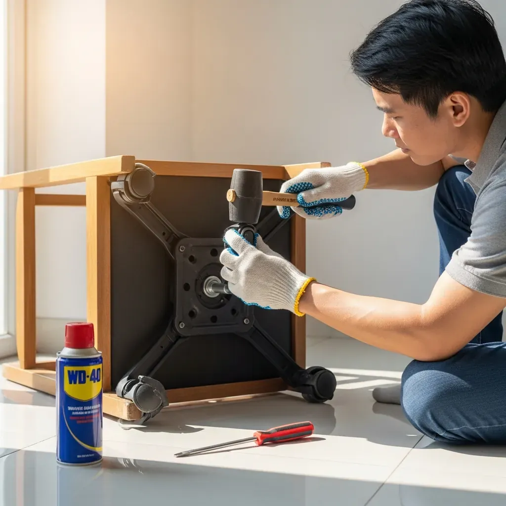 Người đàn ông dùng búa cao su gõ nhẹ mâm ghế để tháo khỏi piston, có dầu bôi trơn bên cạnh.