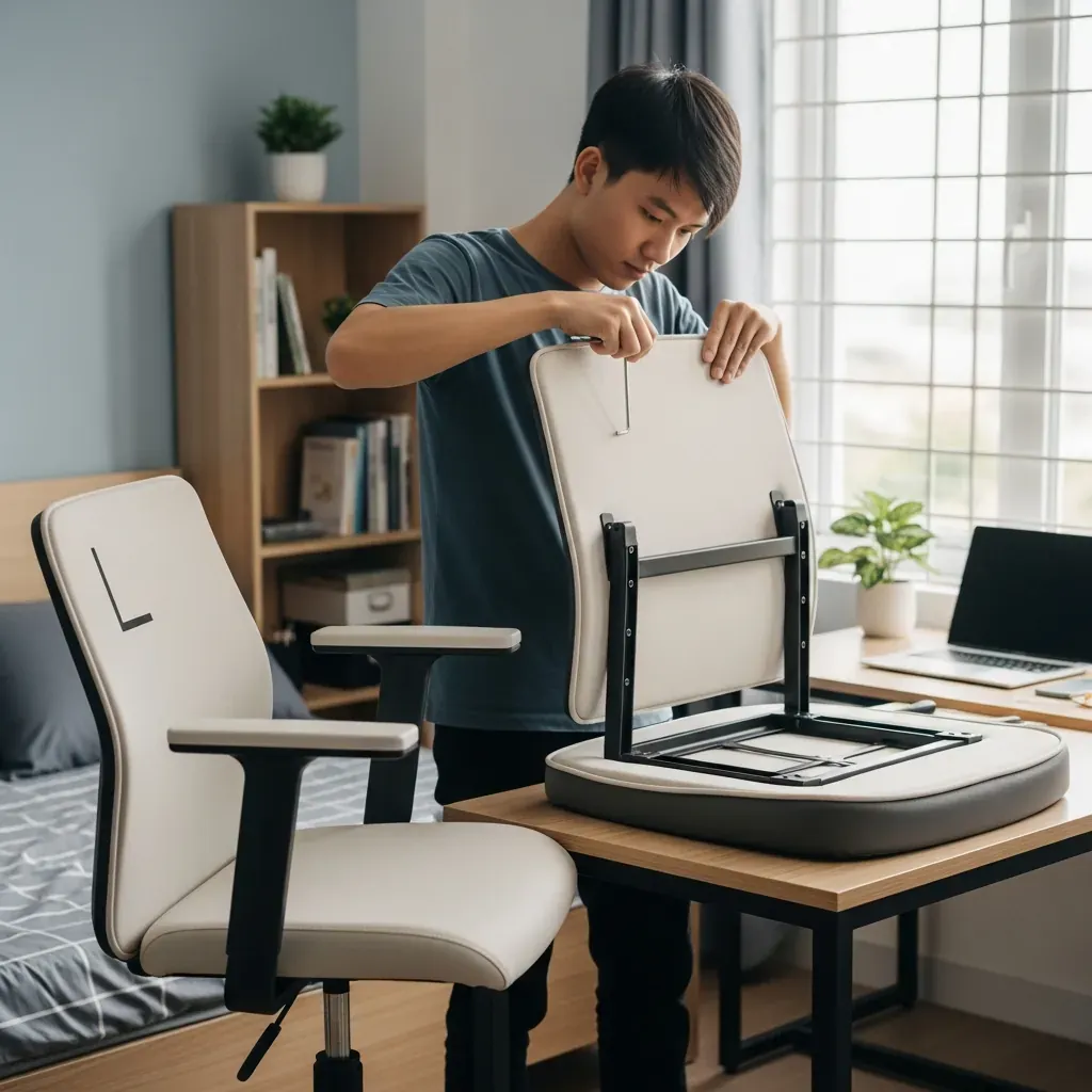 Người đàn ông lắp lưng ghế vào đệm, tay vịn có ký hiệu L đặt bên trái.