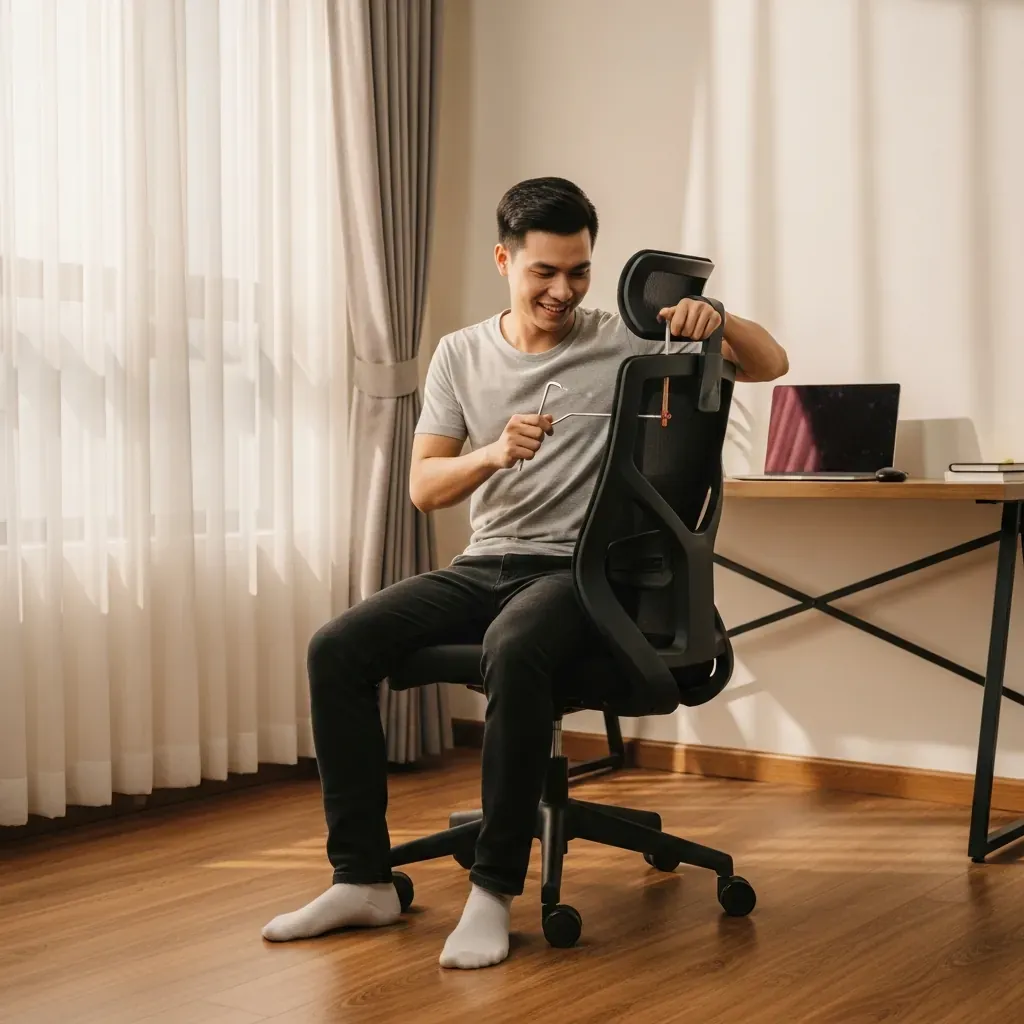 Người đàn ông ngồi kiểm tra ghế xoay mới lắp, tay cầm lục giác, vẻ mặt hài lòng.