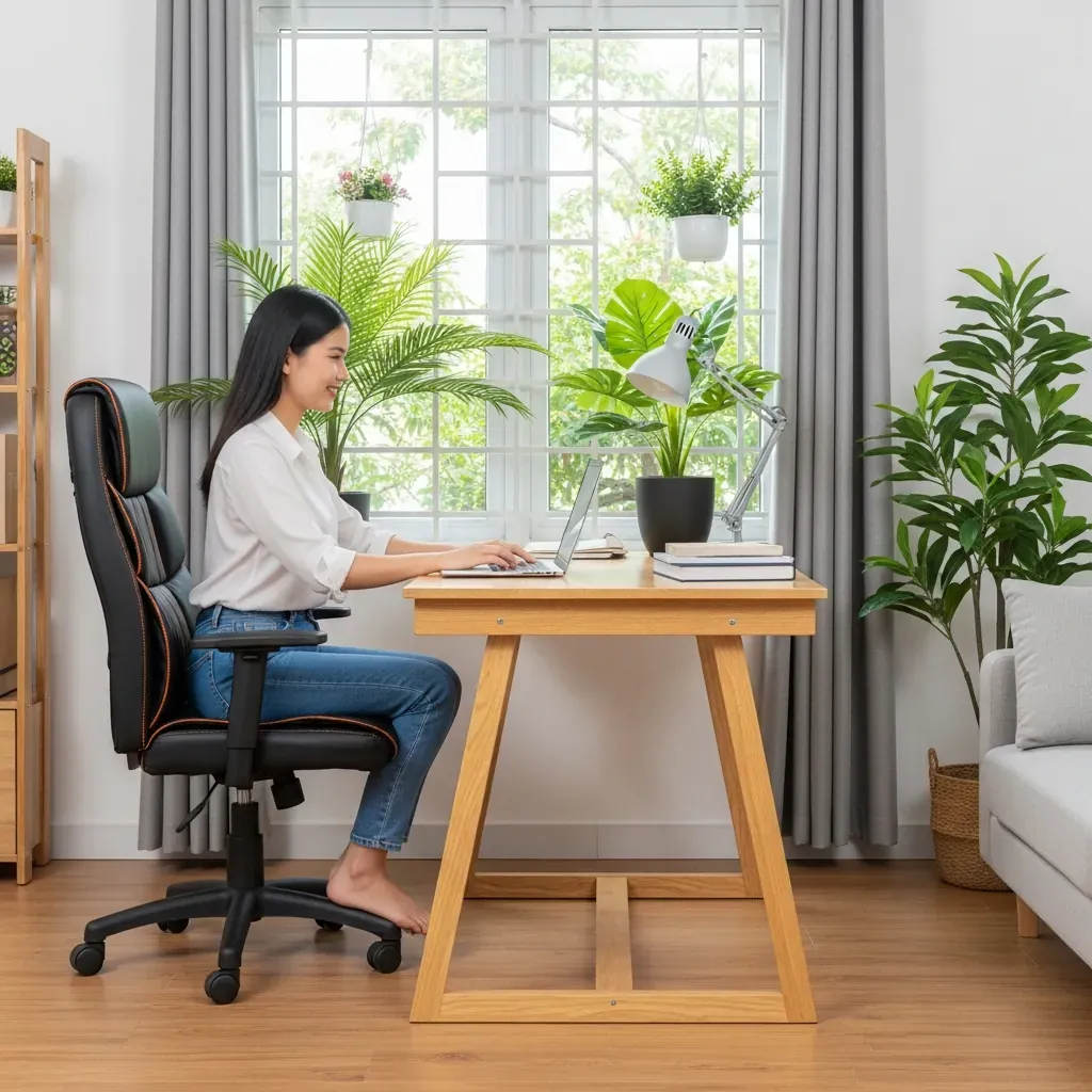 Người phụ nữ ngồi làm việc trên ghế xoay vừa tự lắp trong phòng làm việc ấm cúng.