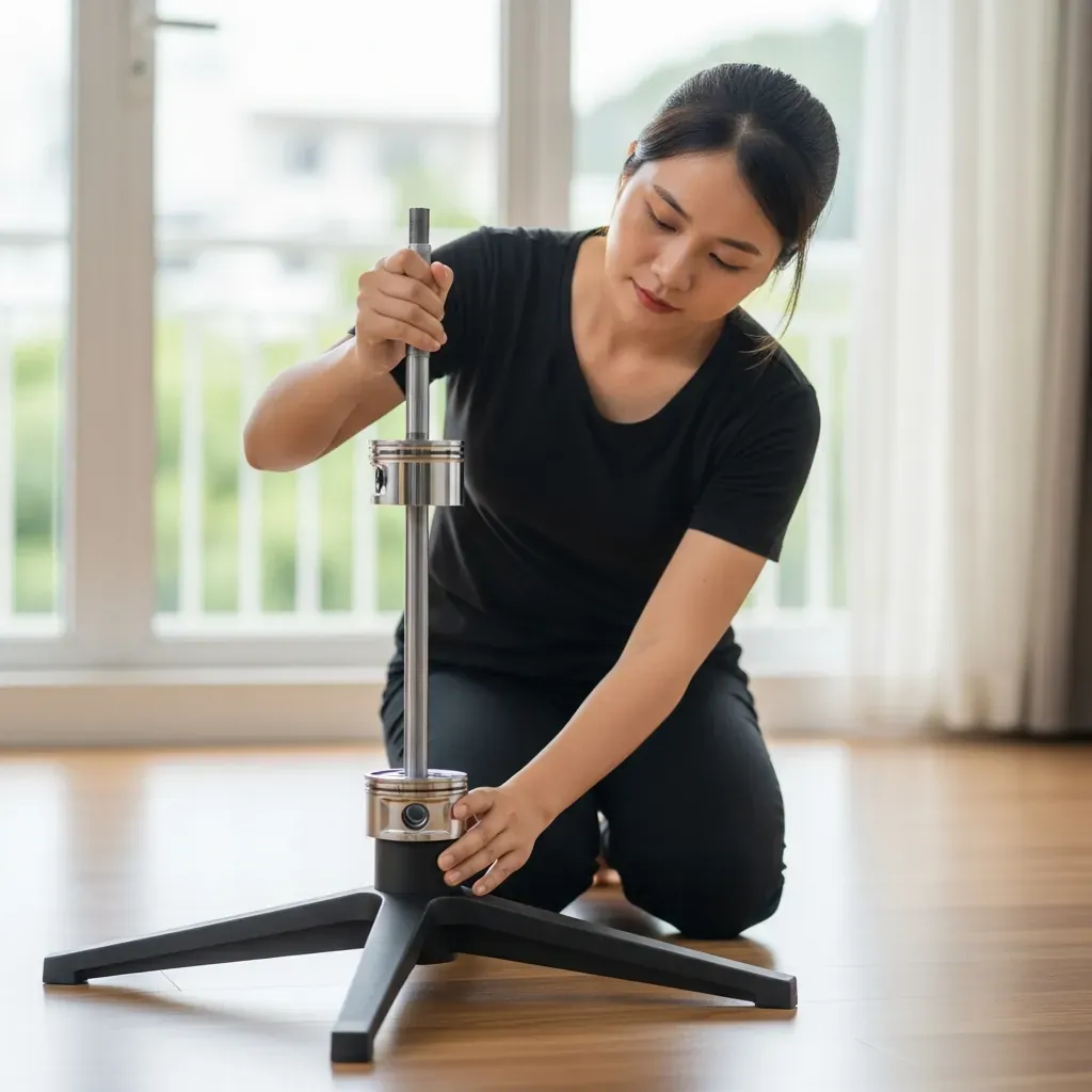 Người phụ nữ Việt cầm piston hướng đầu to xuống lỗ chân ghế, đầu nhỏ lên trên.