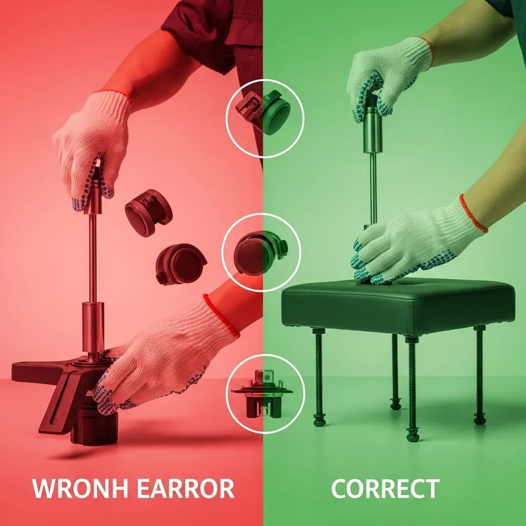 So sánh trực quan lỗi lắp ghế: bên trái nền đỏ, lắp sai piston ngược và bánh xe rơi; bên phải nền xanh, lắp đúng.