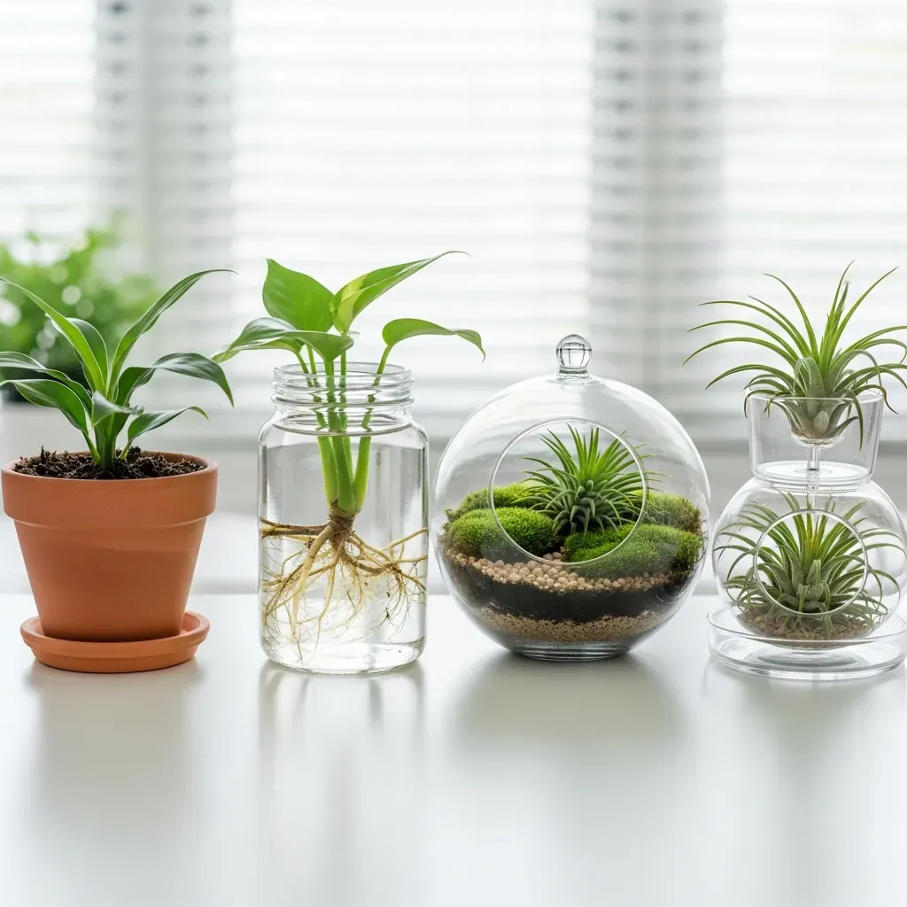 Các kiểu trồng cây để bàn: chậu đất, thủy sinh, terrarium, chậu tự tưới và cây không khí