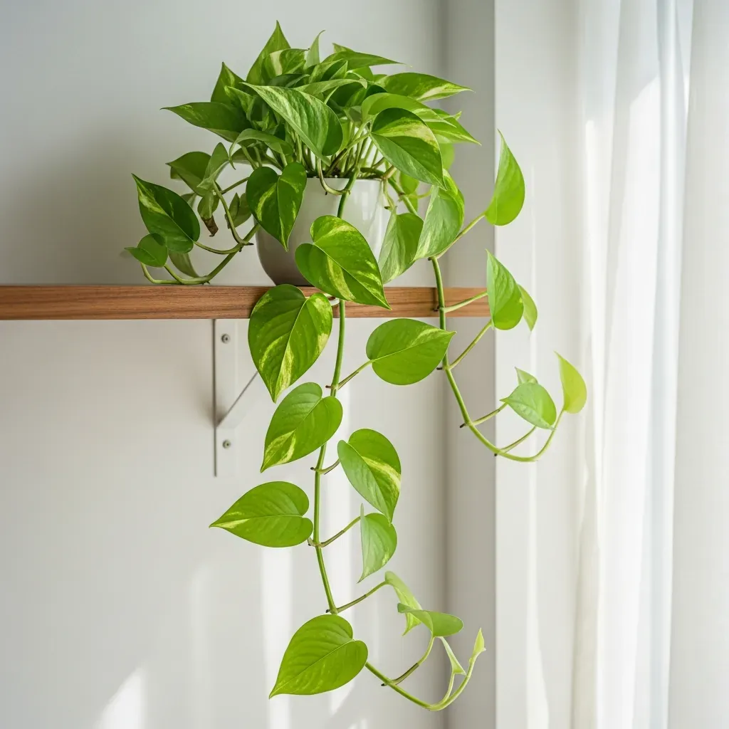 Cây Trầu Bà lá hình tim rủ xuống từ kệ gỗ