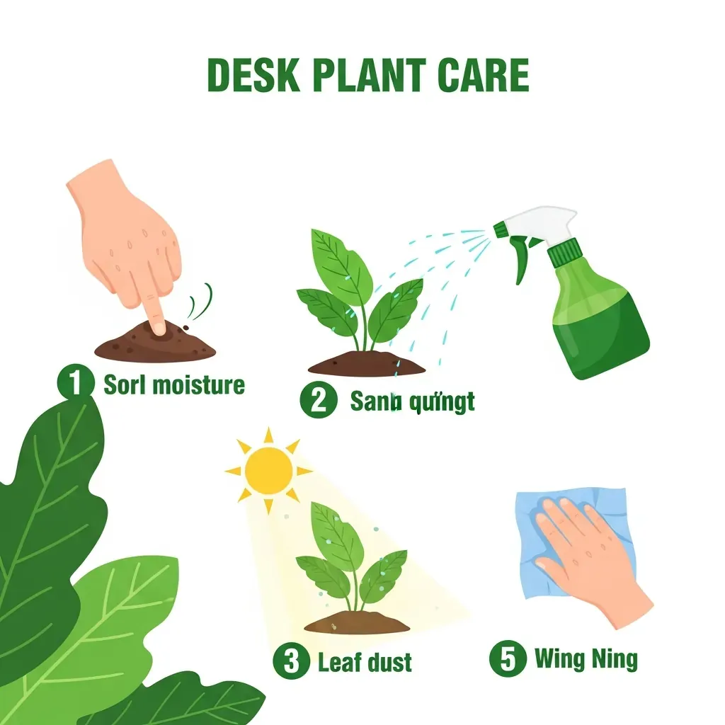 Minh họa các bước tưới nước, ánh sáng và chăm cây để bàn