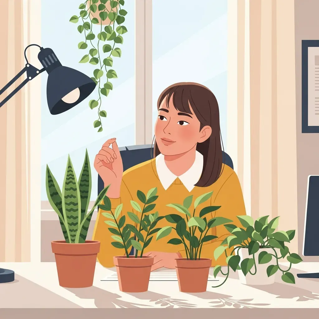 Người Việt ngồi tại bàn làm việc chọn cây cảnh để bàn phù hợp
