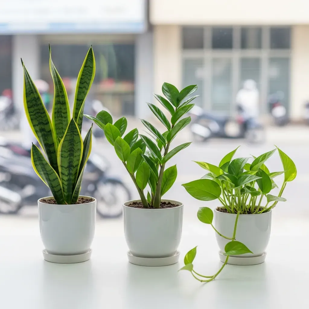 Ba loại cây để bàn dễ sống gồm lưỡi hổ, kim tiền và trầu bà trên bàn làm việc