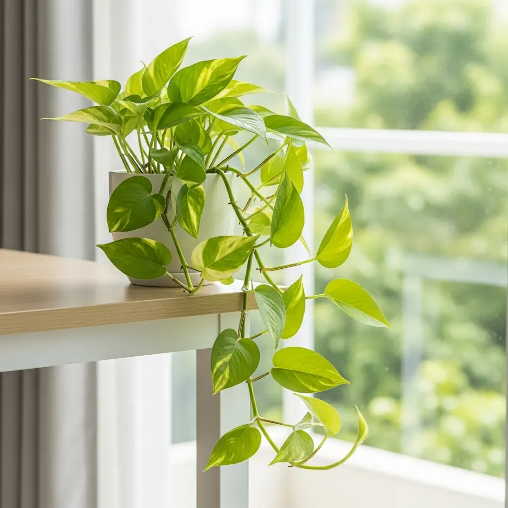 Cây trầu bà lá rủ xuống mép bàn làm việc nhỏ