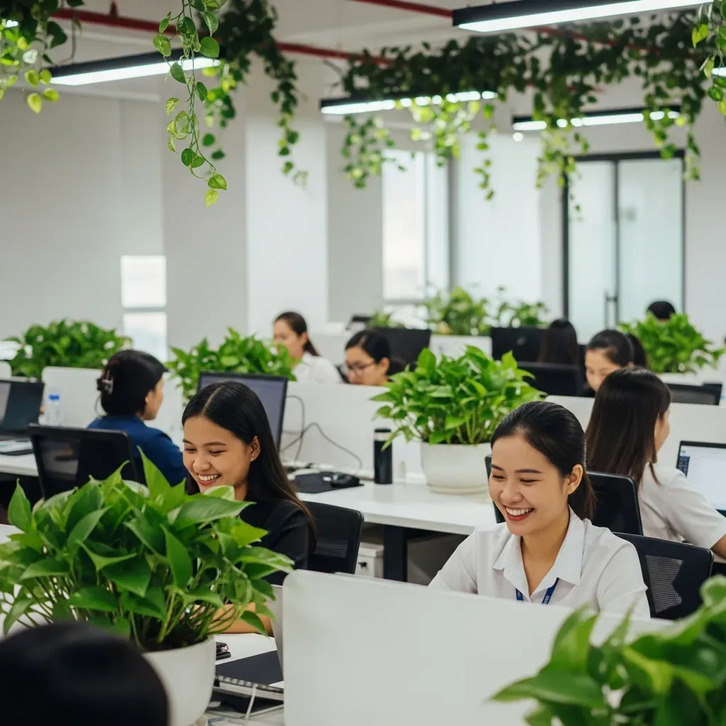 Văn phòng Việt Nam có nhiều cây xanh, nhân viên làm việc thoải mái