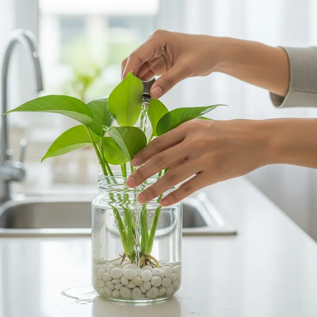 Bàn tay thay nước cho bình cây thủy sinh để bàn