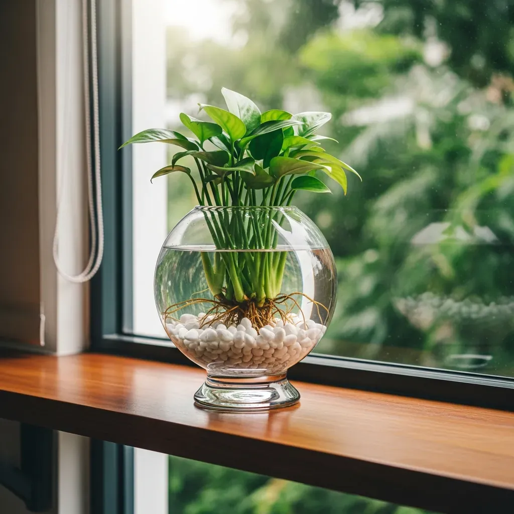 Bình thủy tinh tròn trồng cây đặt cạnh cửa sổ có ánh sáng gián tiếp