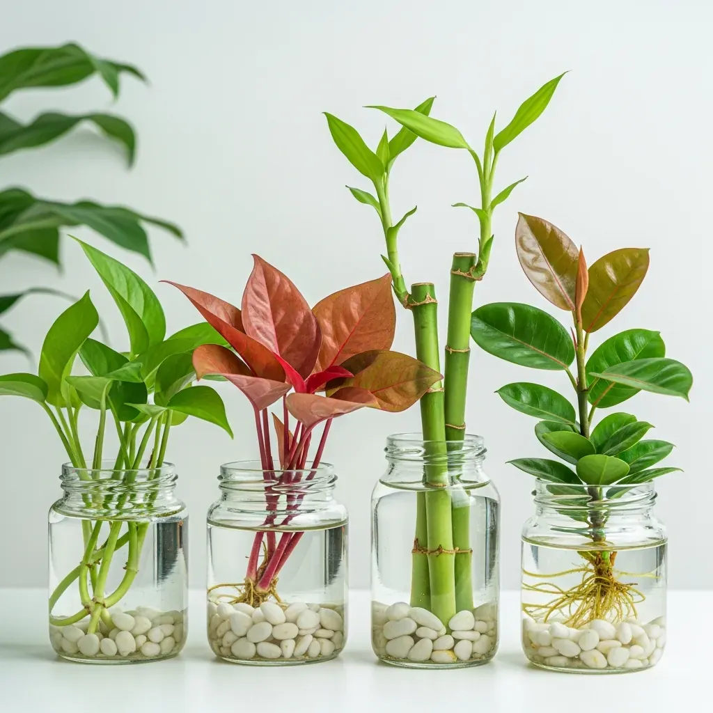 Bốn loại cây dễ sống Trầu Bà, Vạn Lộc, Phát Lộc, Kim Tiền trồng trong bình thủy tinh