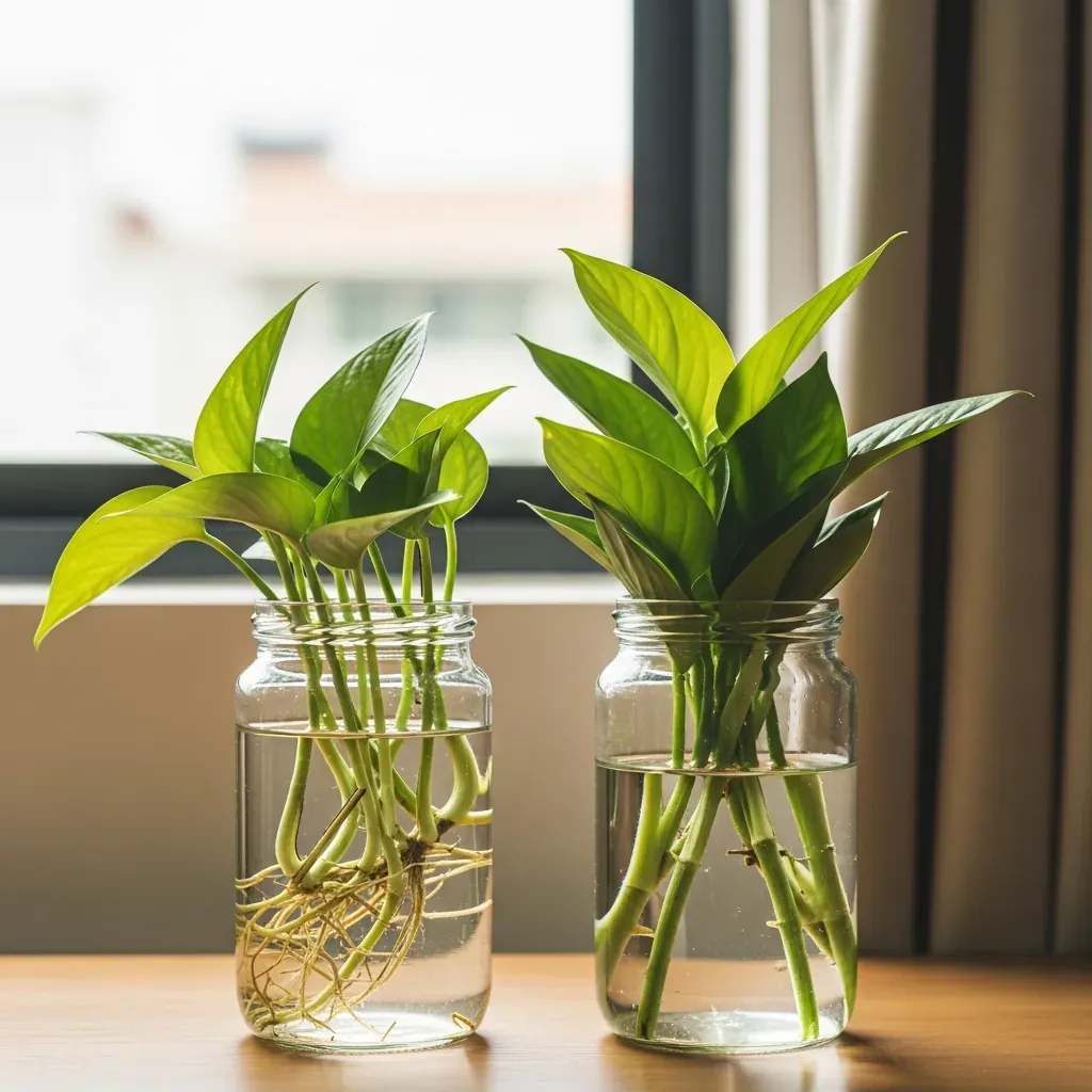 Hai bình thủy tinh trồng cây Trầu Bà và Kim Tiền ngâm rễ trong nước đặt trên bàn