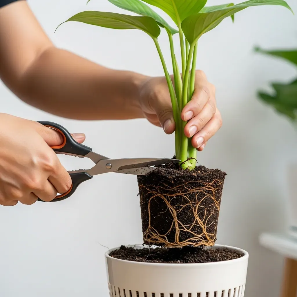 Cắt rễ thối và thay đất mới để cứu cây bị úng rễ