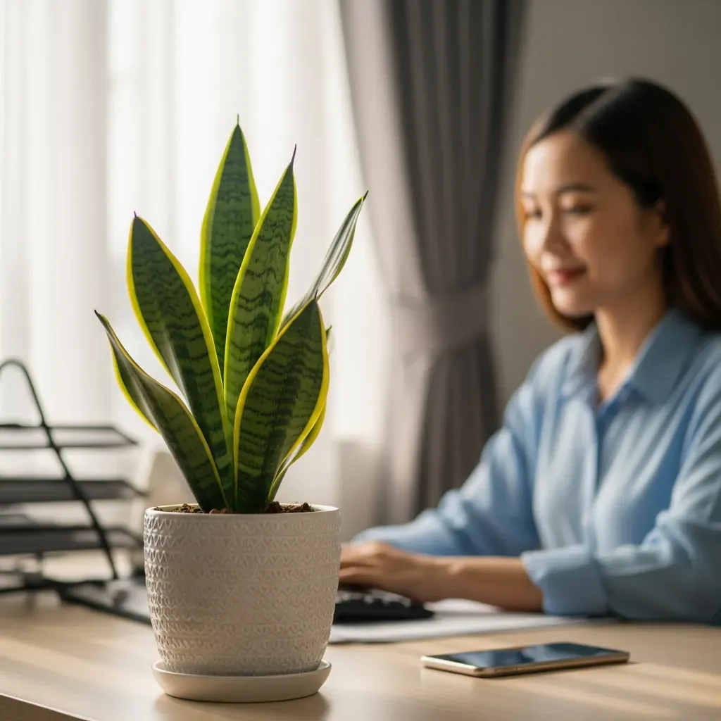 Chậu cây lưỡi hổ nhỏ đặt trên bàn làm việc văn phòng cạnh cửa sổ