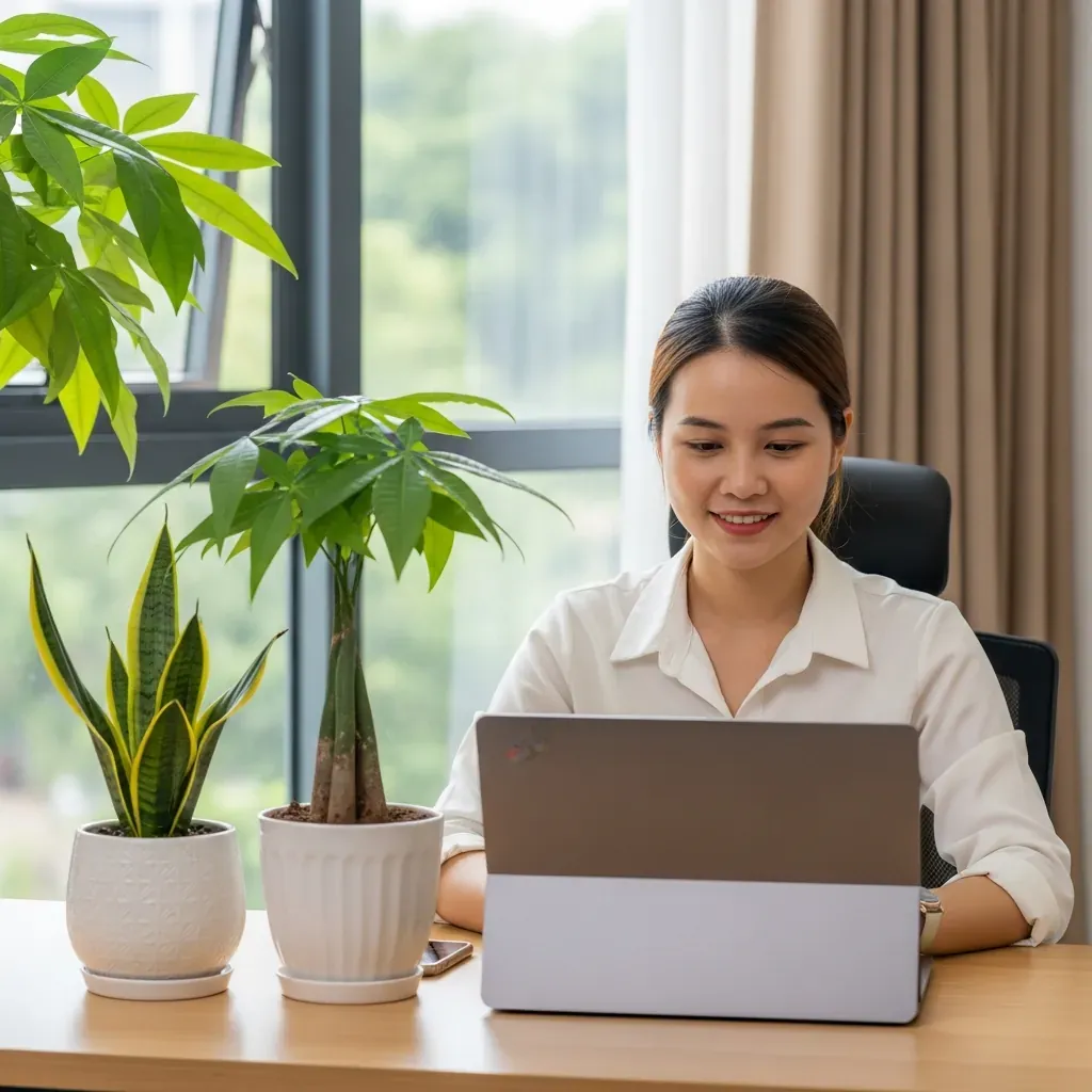Chậu cây xanh nhỏ đặt trên bàn làm việc trong văn phòng Việt Nam thiếu sáng