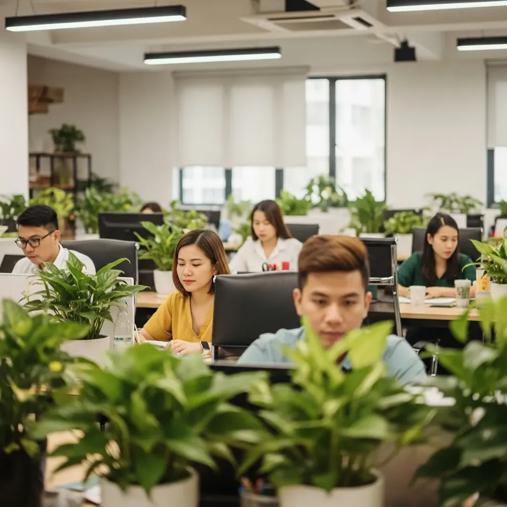 Nhân viên văn phòng Việt Nam làm việc thư giãn giữa không gian xanh