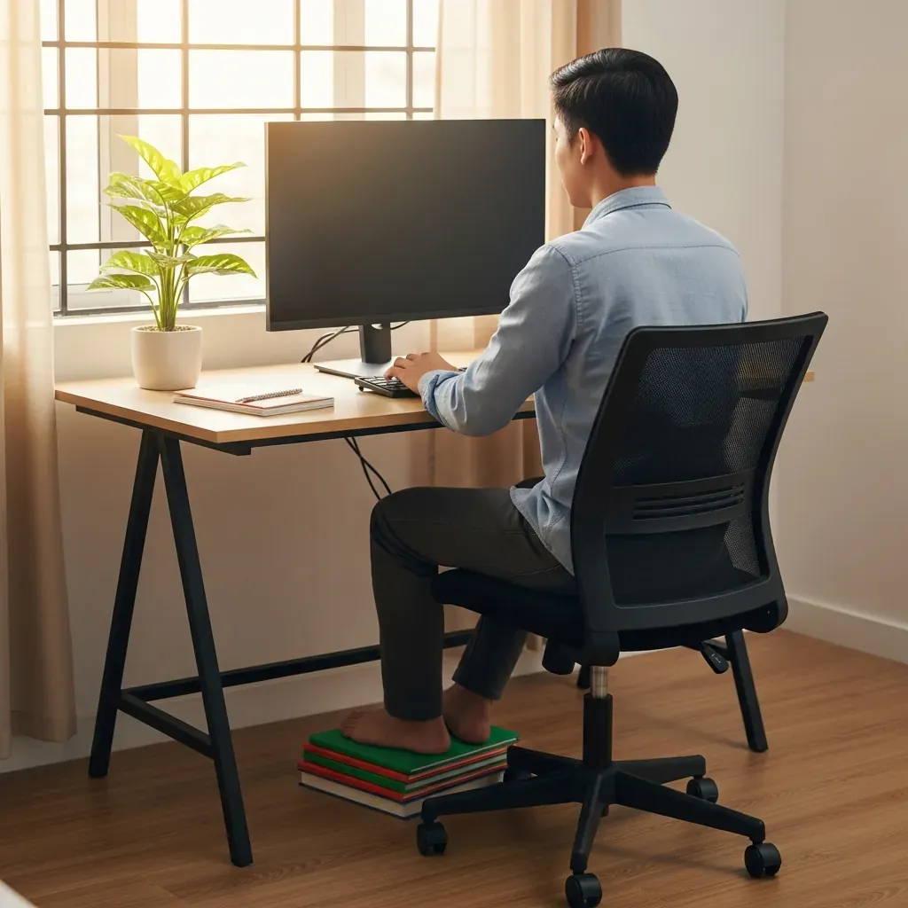 Chàng trai Việt Nam ngồi làm việc với ghế nâng cao và chồng sách kê chân, đạt góc khuỷu tay 90 độ
