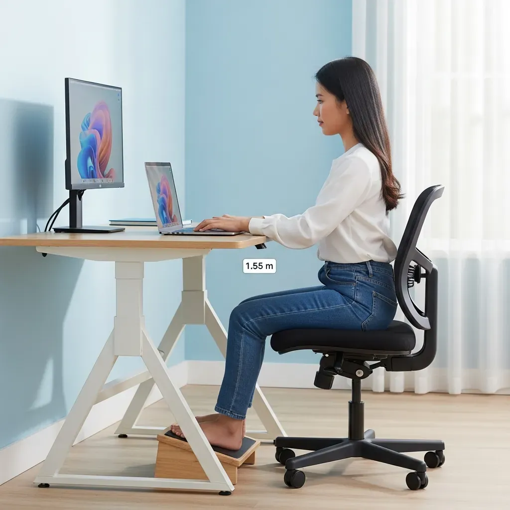 Cô gái Việt Nam cao 1m55 ngồi làm việc tại bàn 75 cm với ghế nâng cao và bục kê chân, khuỷu tay vuông góc