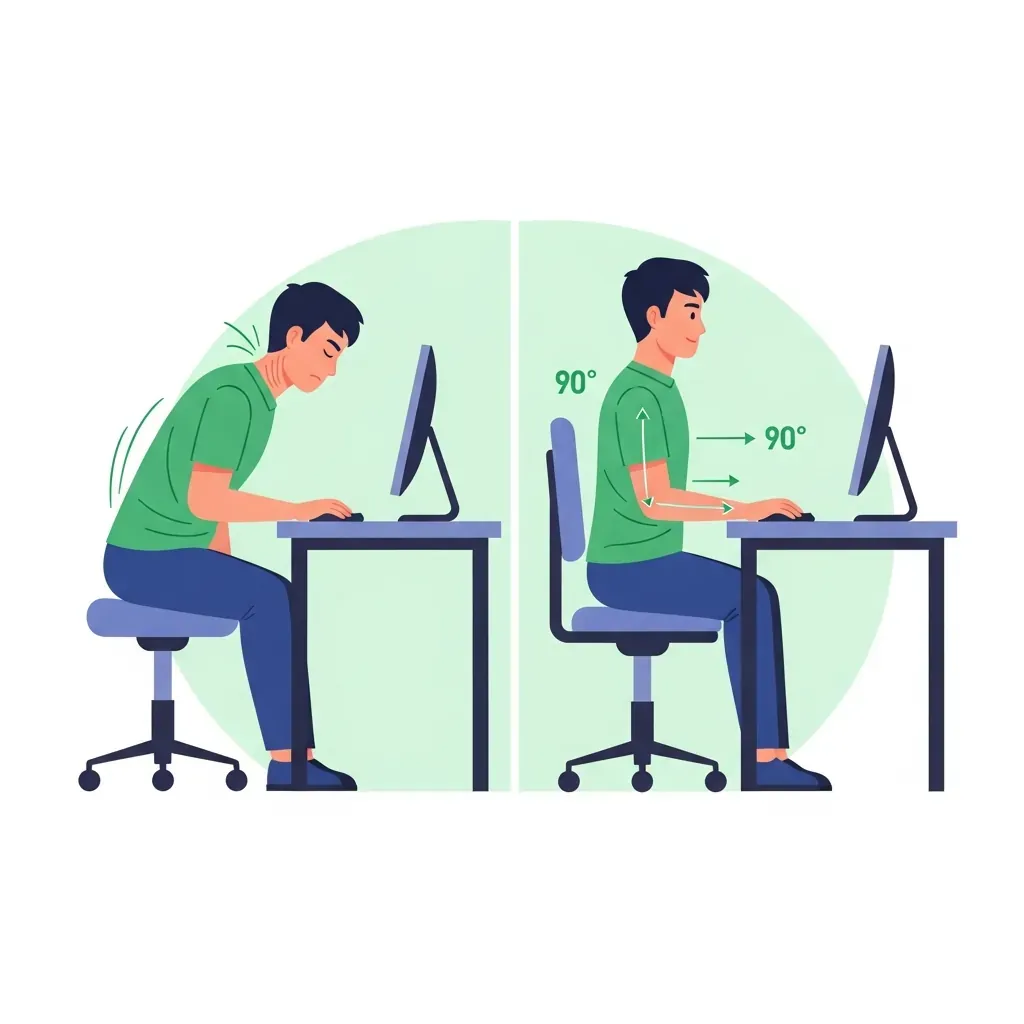 Hình minh họa so sánh tư thế ngồi sai và đúng với góc khuỷu tay 90 độ của một người đàn ông Việt Nam