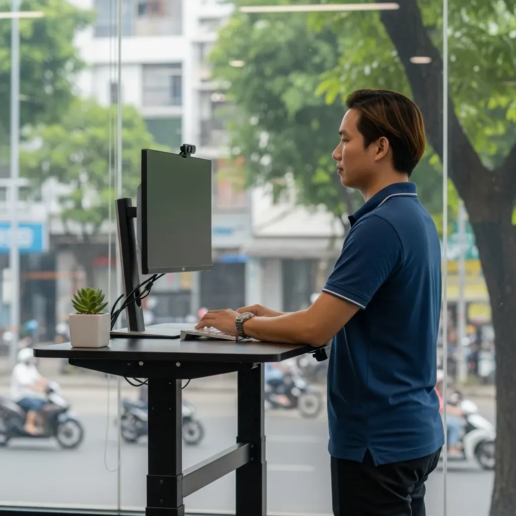 Nam nhân viên Việt Nam đứng làm việc tại bàn nâng hạ điện, màn hình ngang mắt, không gian văn phòng nhiệt đới