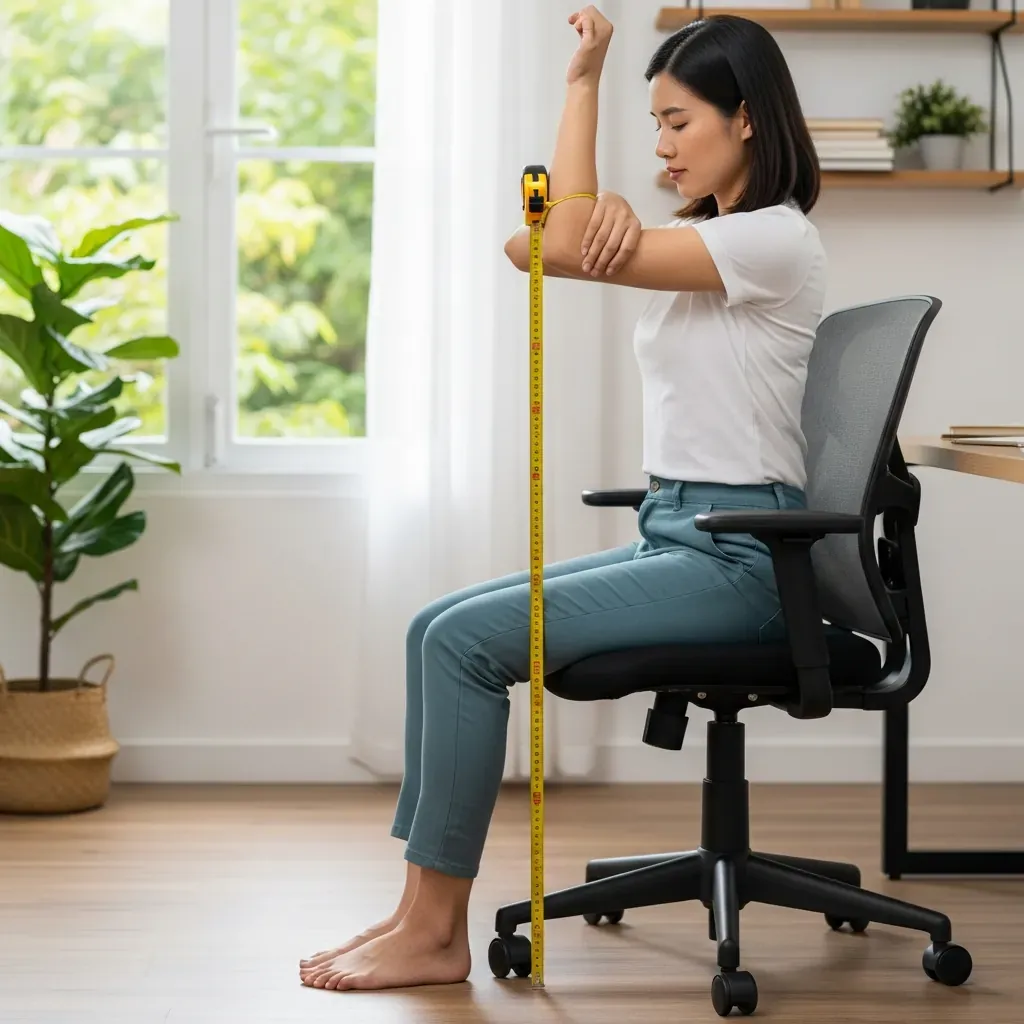 Người phụ nữ Việt Nam đang dùng thước dây đo khoảng cách từ sàn đến khuỷu tay để tìm chiều cao bàn lý tưởng