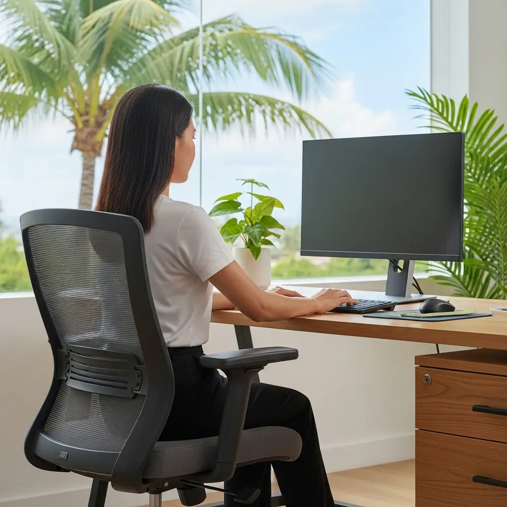 Người phụ nữ Việt Nam làm việc tại bàn ergonomi với ghế hỗ trợ lưng, màn hình ngang tầm mắt, tư thế chuẩn