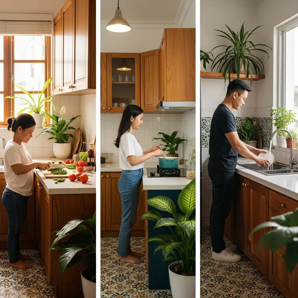 Ba người Việt Nam có chiều cao khác nhau đang thao tác trên mặt bàn bếp được điều chỉnh phù hợp, thể hiện tính cá nhân hóa.