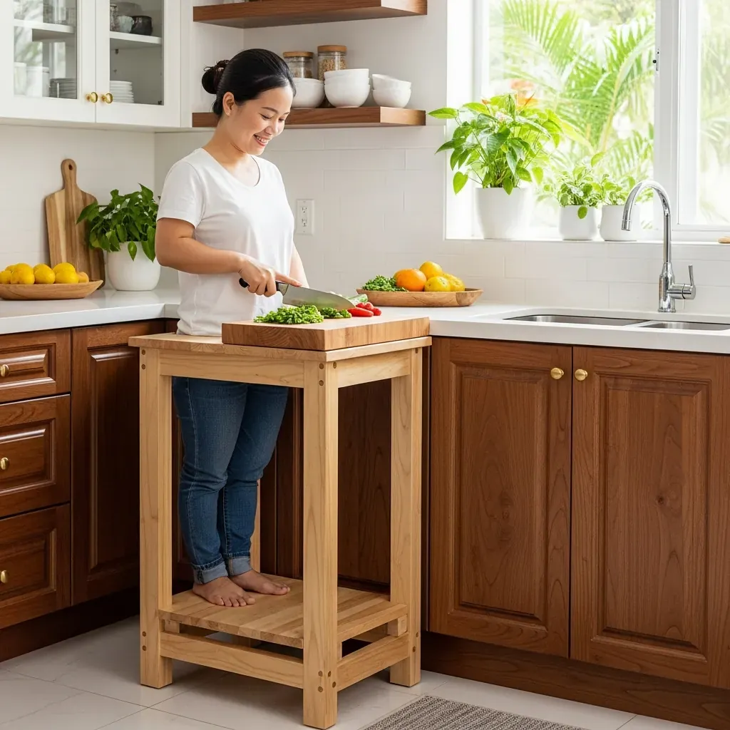 Bục gỗ kê chân trong gian bếp Việt, giúp người thấp đạt chiều cao làm việc thoải mái.
