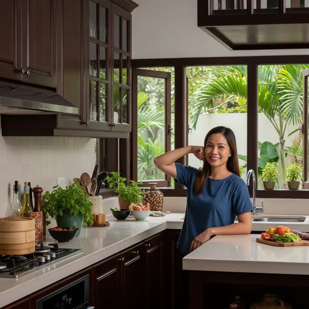 Hình ảnh một người phụ nữ Việt Nam đứng trong bếp hiện đại với chiều cao mặt bàn tiêu chuẩn, khuỷu tay cao hơn mặt bàn, thể hiện công thái học thoải mái.