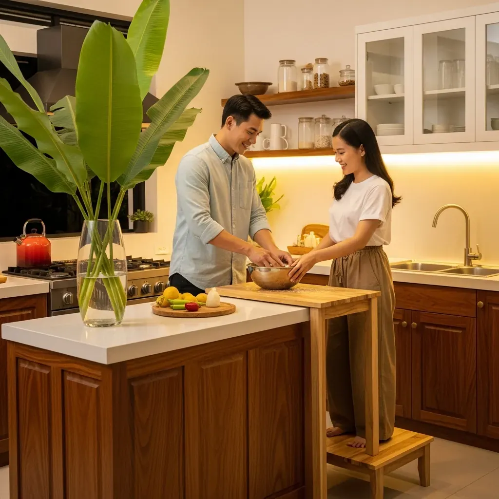 Người đàn ông cao và phụ nữ thấp cùng làm bếp; phụ nữ đứng trên bục gỗ tích hợp để phù hợp chiều cao mặt bàn.