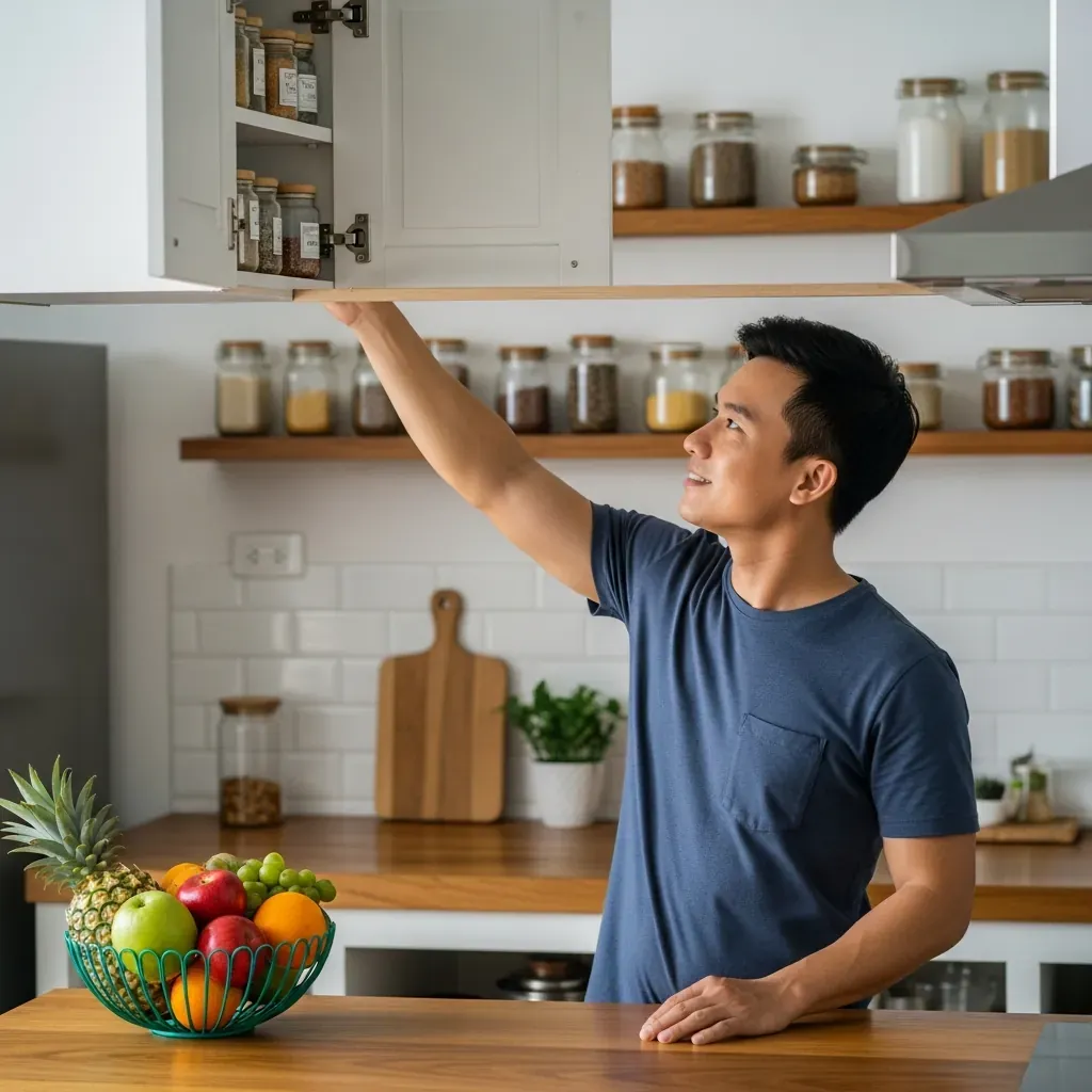 Người đàn ông Việt Nam lấy đồ từ tủ trên với khoảng cách an toàn giữa hai tầng tủ.