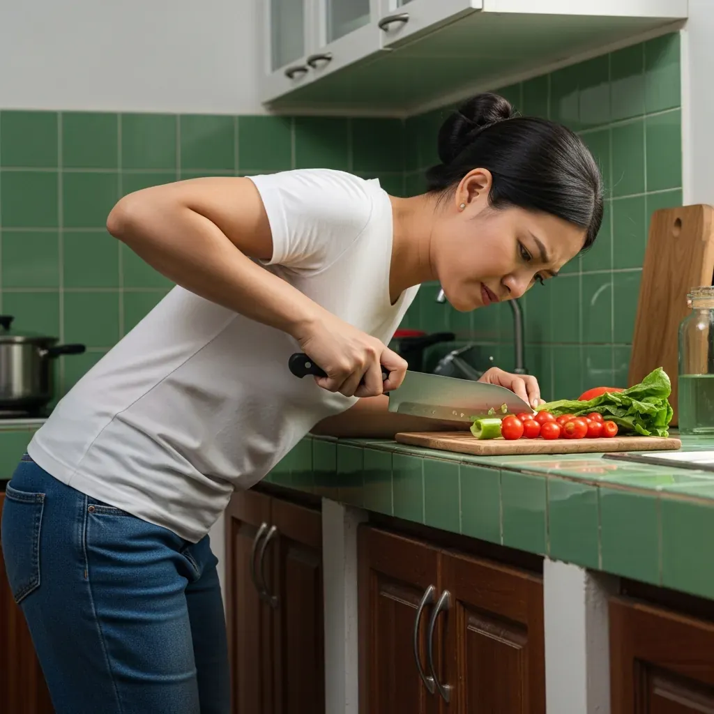 Người phụ nữ Việt cúi lưng trên mặt bếp quá thấp, thể hiện tư thế gây mỏi lưng.