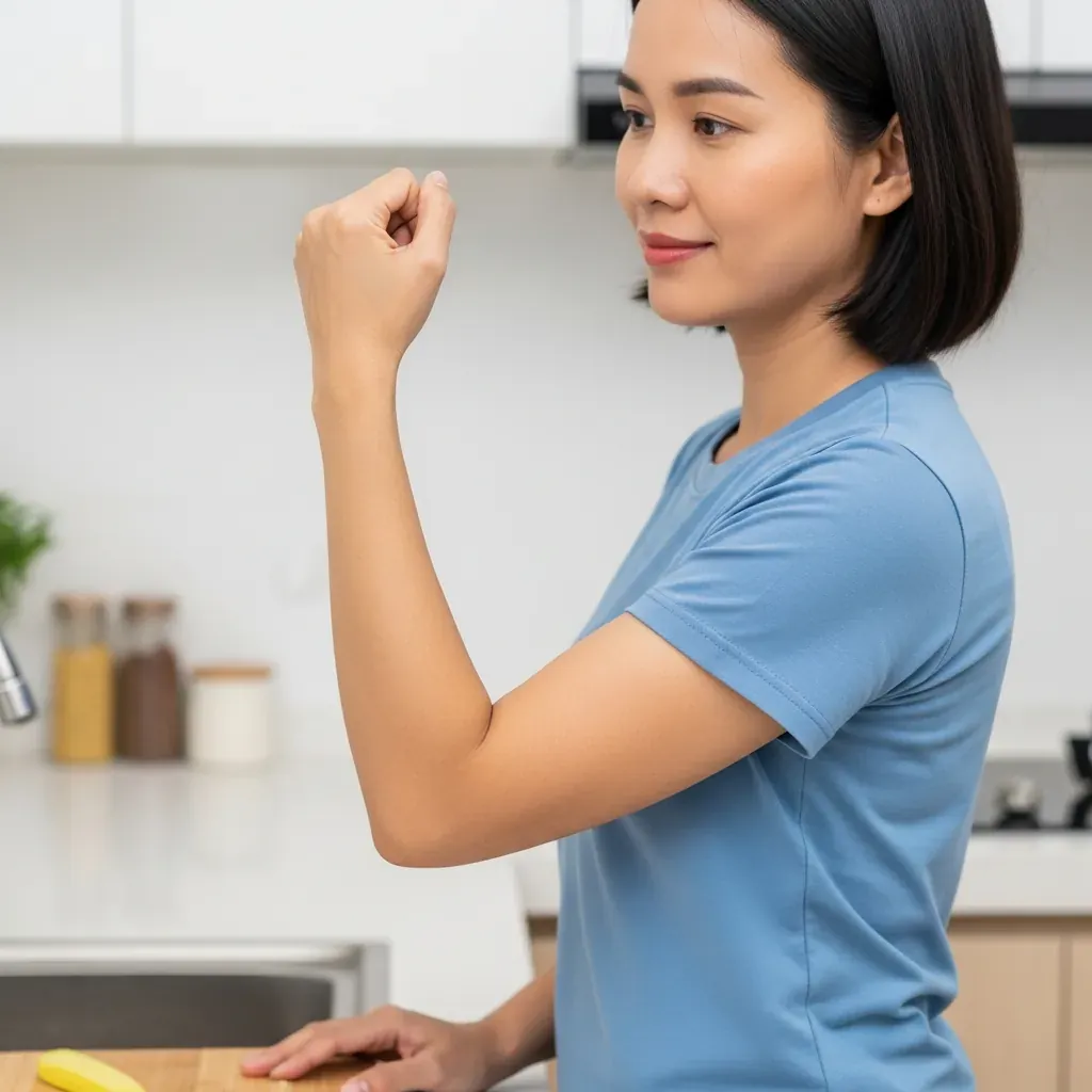 Người phụ nữ Việt gập khuỷu tay vuông góc, mặt bàn thấp hơn khuỷu khoảng 10-15 cm, thể hiện chiều cao lý tưởng.