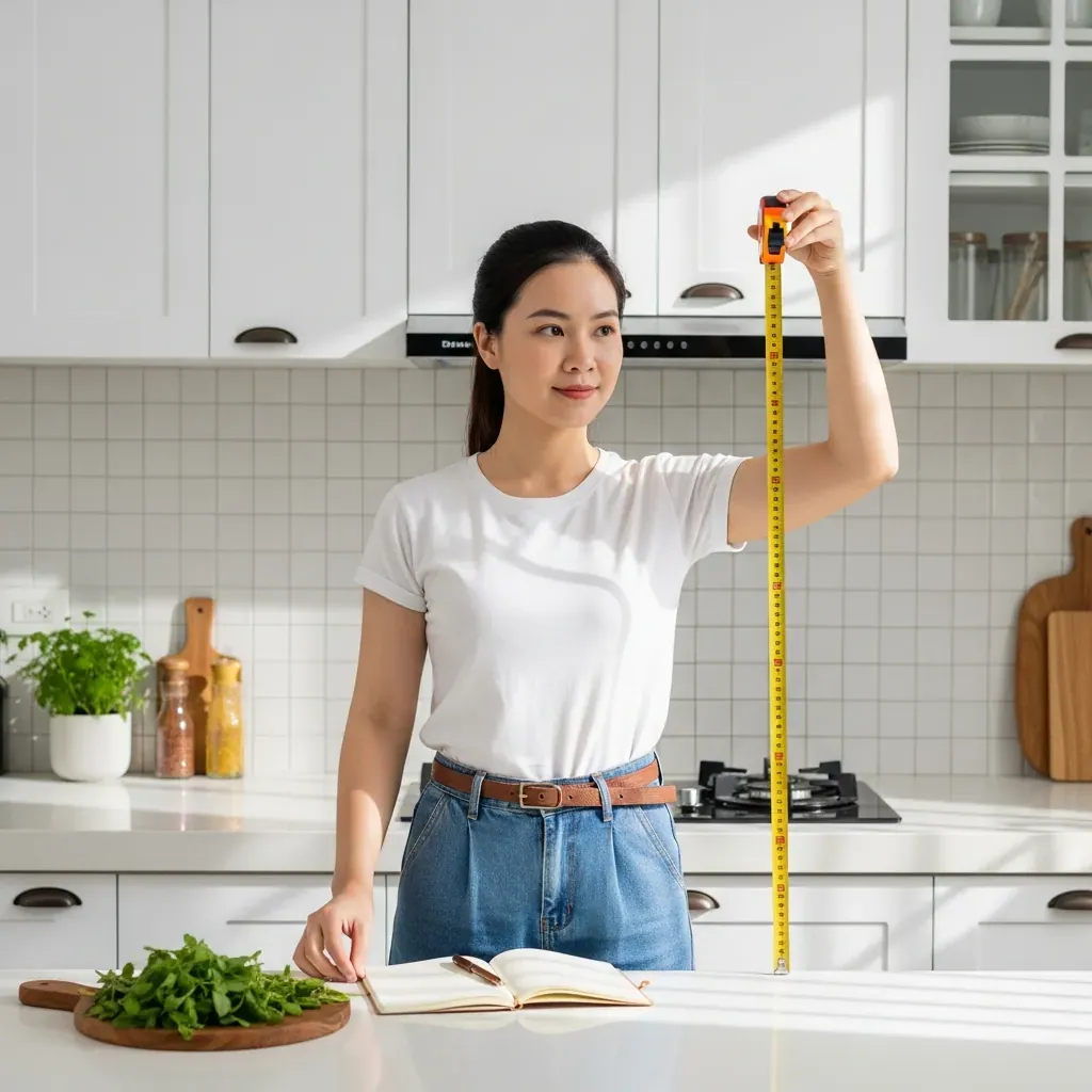Người phụ nữ Việt tự đo khoảng cách từ sàn đến khuỷu tay để tính mặt bàn bếp lý tưởng.