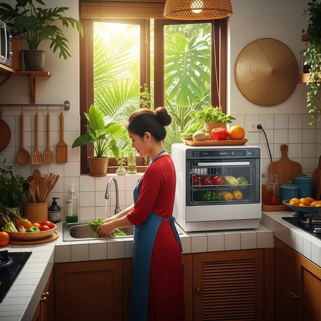 Phụ nữ Việt Nam thấp người dùng máy rửa bát mini đặt trên mặt bàn bếp thấp, thể hiện giải pháp thuận tiện.