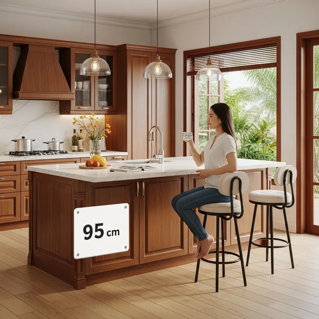Quầy bar cao 95 cm với ghế tựa lưng trong bếp Việt, phù hợp người thấp.