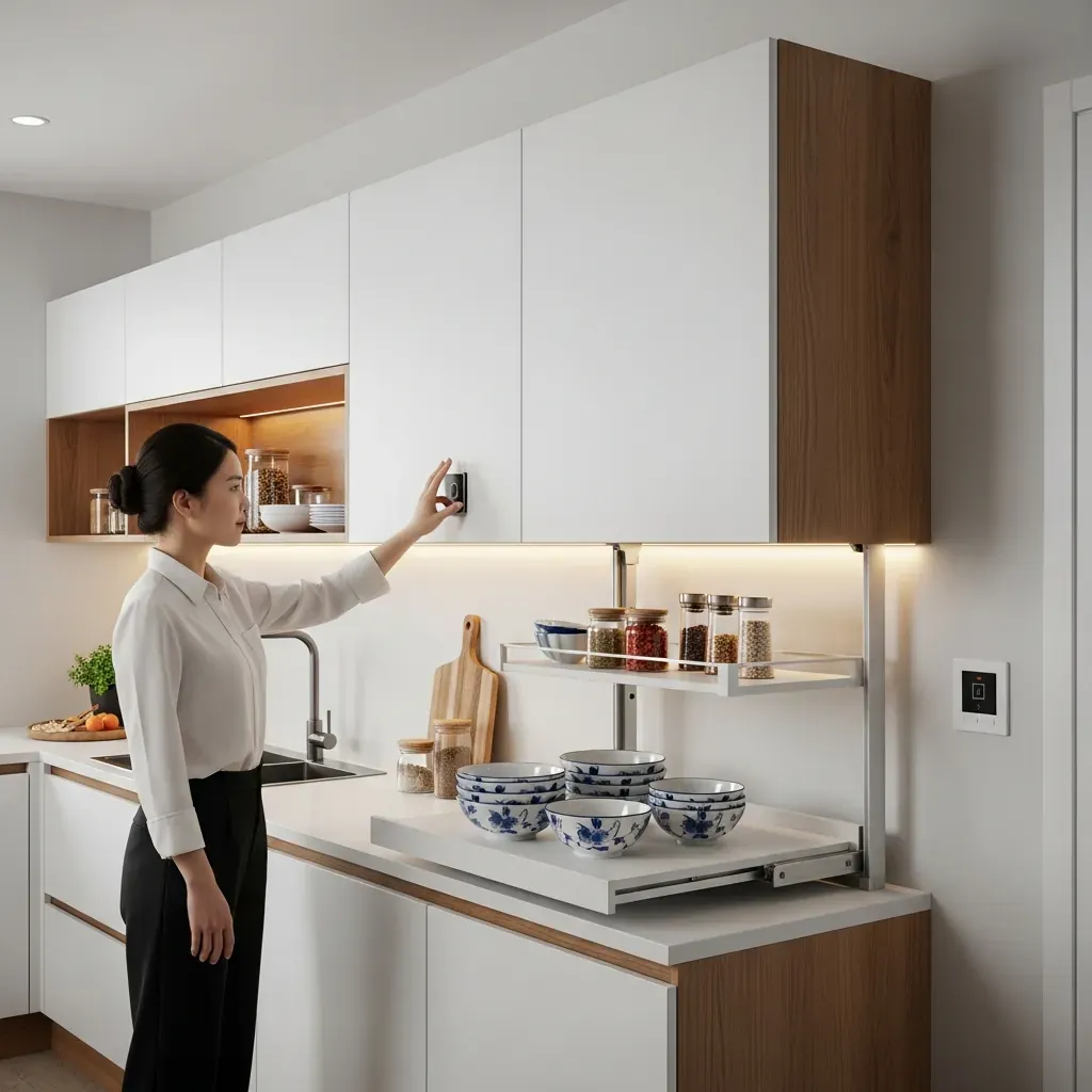 Tủ bếp trên cao trang bị giá nâng hạ điện, đưa đồ xuống tầm tay người dùng Việt.