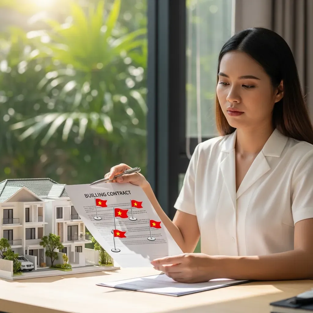 Người phụ nữ kiểm tra hợp đồng có cờ đỏ cảnh báo.