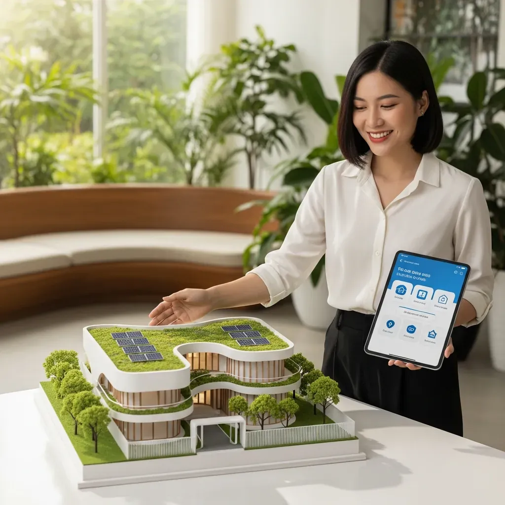 Nữ kiến trúc sư trình bày mô hình nhà xanh có đường cong hữu cơ và smarthome.