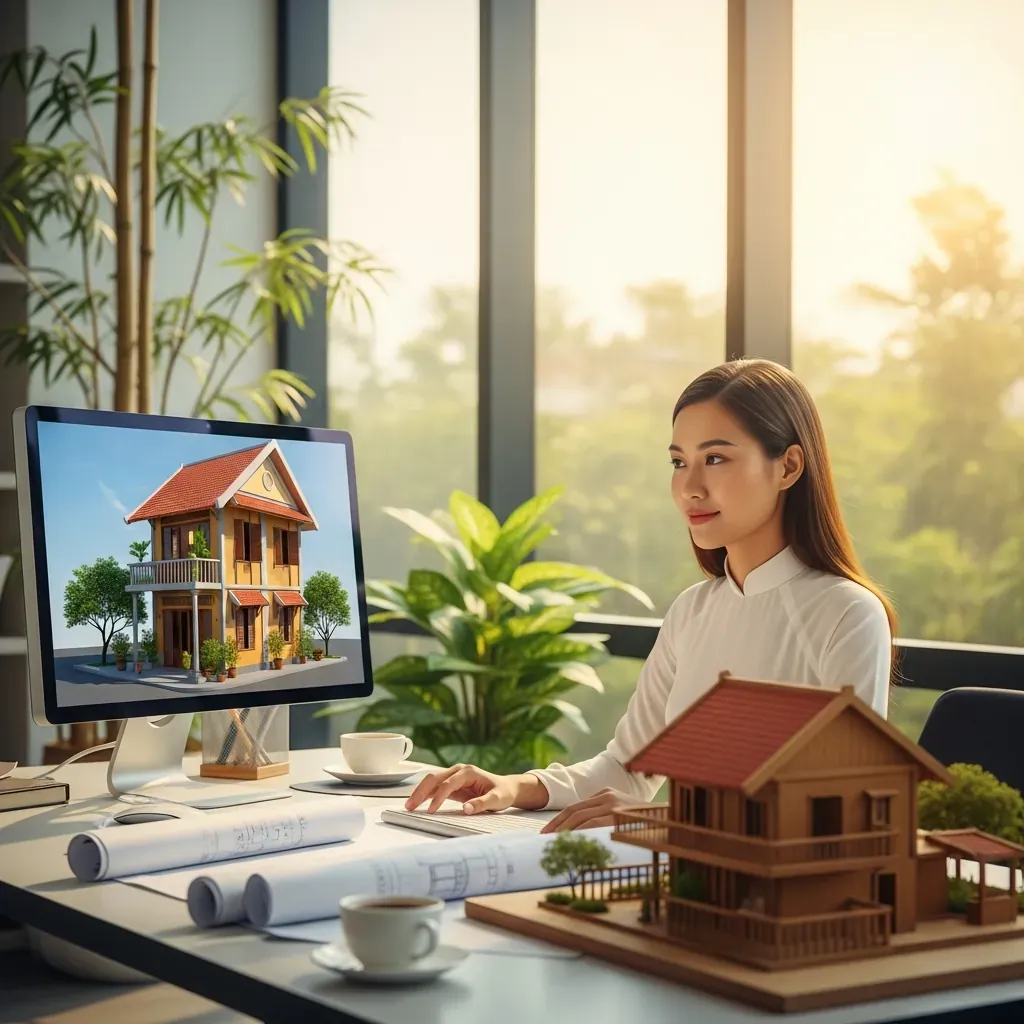Nữ kiến trúc sư Việt Nam làm việc trên mô hình nhà phố 3D.