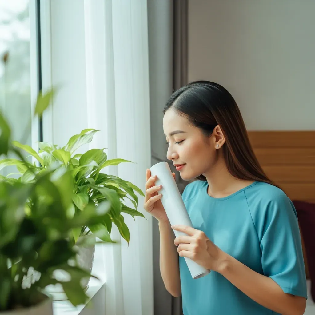 Người dùng kiểm tra mùi và chất liệu decal dán tường để đảm bảo an toàn sức khỏe