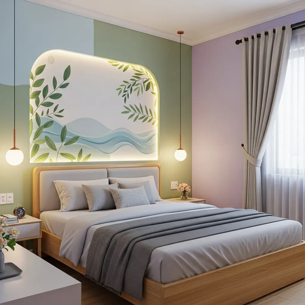 Phòng ngủ với mảng tường nhấn 3D màu dịu nhẹ giúp ngủ ngon