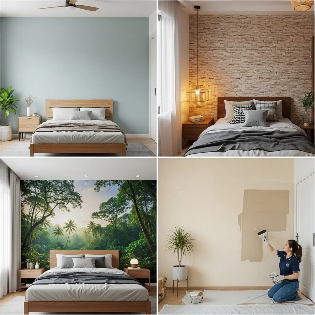 Ảnh ghép bốn kiểu phòng ngủ Việt Nam với các loại decal khác nhau: PVC xám tối giản, đá nổi 3D, tranh tường toàn cảnh, và decal chống ẩm.