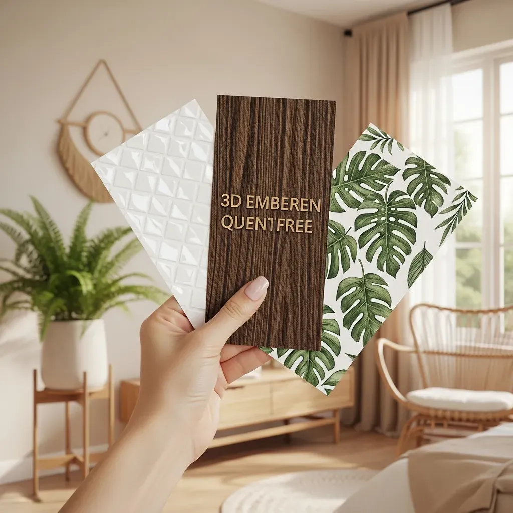 Bàn tay phụ nữ Việt Nam cầm ba mẫu decal dán tường khác nhau: PVC bóng, vân gỗ 3D và họa tiết lá, áp lên tường phòng ngủ.