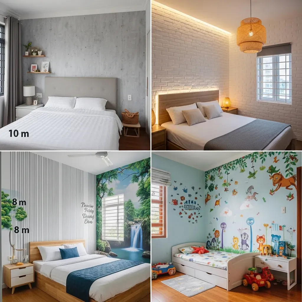 Bốn dự án thực tế phòng ngủ Việt Nam: tường bê tông xám Hà Nội, gạch 3D trắng TP.HCM, sọc và tranh Đà Nẵng, thú rừng Hải Phòng.