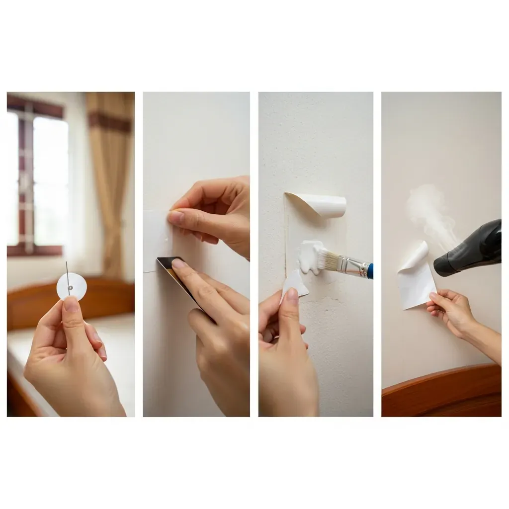 Hình ảnh cận cảnh các lỗi dán decal: châm bong bóng khí, bôi keo mép bong, dùng máy sấy gỡ decal trong phòng ngủ Việt.