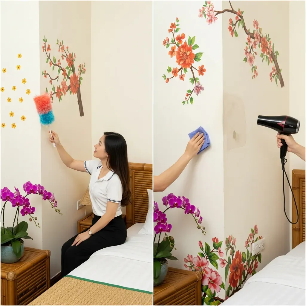 Người phụ nữ lau bụi tường decal hoa bằng chổi lông và dùng máy sấy làm mềm keo để bảo trì mép dán trong phòng ngủ ấm cúng.