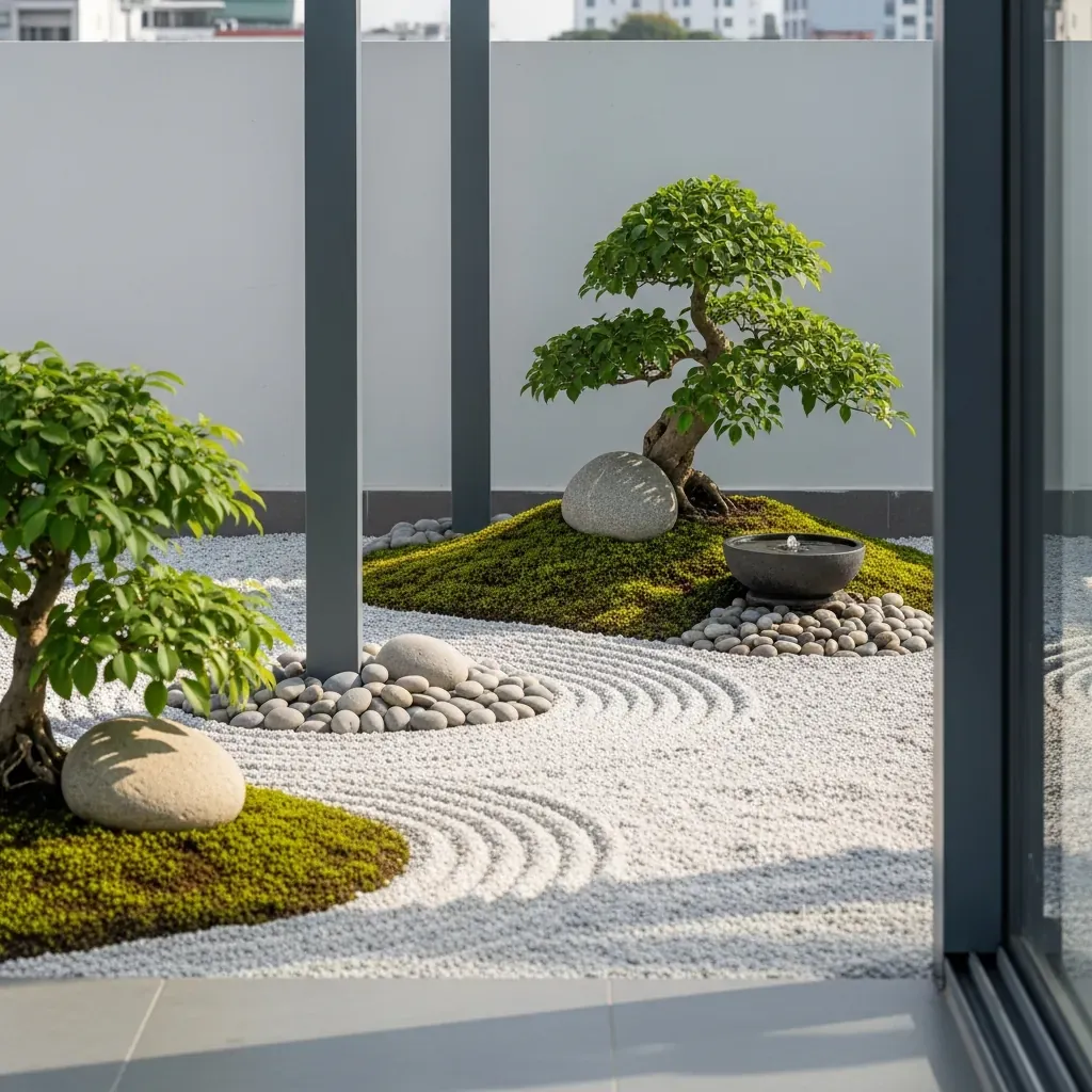 Vườn thiền kiểu Nhật tối giản trên sân thượng nhỏ